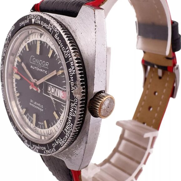Vintage Condor 125 World Time 21J Men Automatic Wristwatch RondaMatic SwissSteel - Picture 3 of 12
